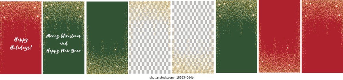 Set of vector abstract backgrounds for Christmas and New year. Design for social media, story, card, invitation, feed post. Falling gold dust