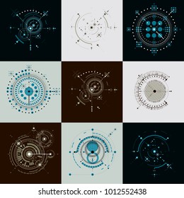 Set of vector abstract backgrounds created in Bauhaus retro style. Modern geometric composition can be used as templates and layouts. Engineering technological wallpapers made with circles.