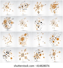 Set of vector abstract backgrounds created in Bauhaus retro style using honeycombs and circles. Modern geometric composition can be used as templates and layouts.