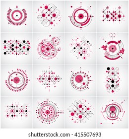 Set of vector abstract backgrounds created in Bauhaus retro style. Collection of geometric backdrops. Engineering technological wallpapers made with circles can be used as templates and layouts.