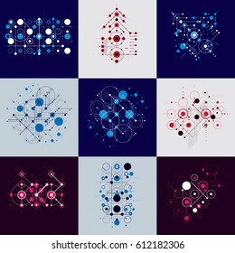 Set of vector abstract backgrounds created in Bauhaus retro style. Modern geometric composition can be used as templates and layouts.