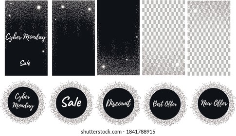 Conjunto de fondos vectoriales abstractos para la venta del lunes cibernético con conjunto de etiquetas. Diseño para medios sociales, historia, tarjeta, invitación, post de feeds. Polvo de plata caído