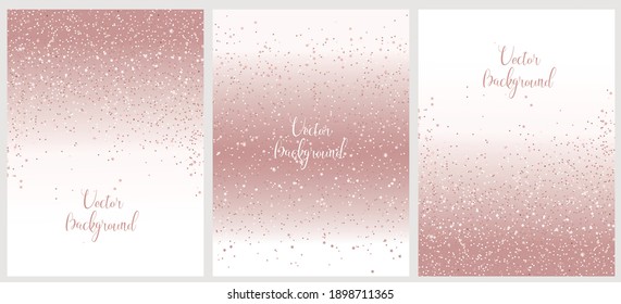 Set of vector abstract backgrounds with falling sparkle rose gold glitter and stars.  