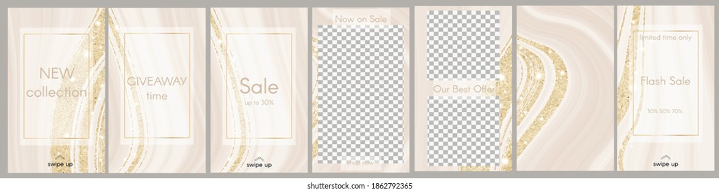 Set of vector abstract backgrounds fully complete for store. Design for social media, story, feed post. Glitter style.