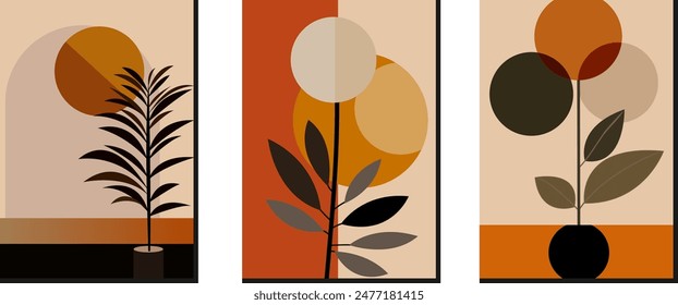 Set of vector abstract backgrounds with geometric shapes and plants. Minimalist design.