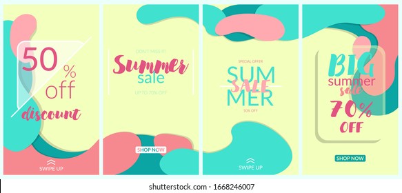 Set of vector abstract backgrounds for instagram stories, banners, social networks, web. Blue, pink, yellow colors. The concept of summer, discounts, sale.