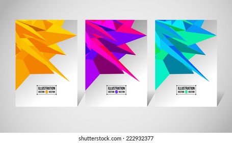 Set of vector abstract backgrounds of orange, purple and blue fragments. Illustration of triangles