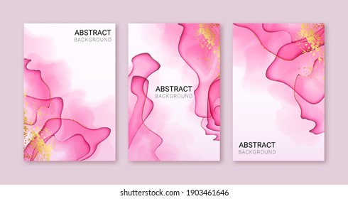 Set of Vector Abstract Backgrounds with Pink Alcohol Ink Texture. Elegant Watercolor Banner. Flowing Design.
