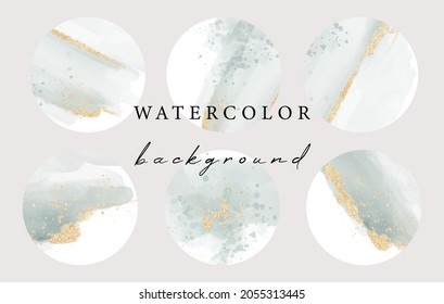 Set of vector abstract backgrounds for social media stories, highlights with watercolor and glitter.	