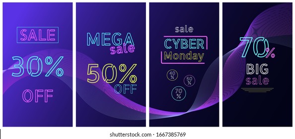 Set of vector abstract backgrounds in the style of cyber punk, for Instagram stories, banners, social networks. Concept of sale, big discounts, cyber monday.