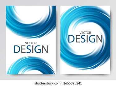 Set of vector abstract backgrounds. Swirling blue circular movements. Background for a leaflet, flyer, cover for a booklet, book, brochure.