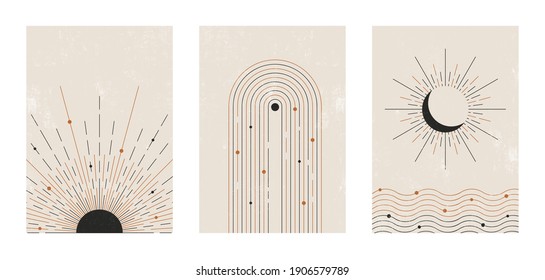 Set of vector abstract boho posters. Minimalist design for background, cover, wallpaper, print, card, wall decor, social media, stories, branding. Landscapes, sun, moon, sea, lines, balance shapes.