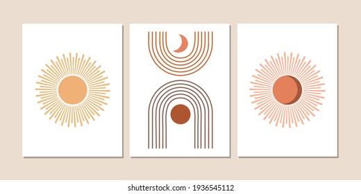 Conjunto de carteles de boho abstractos vectoriales. Afiche de la luna de sol abstracto. Diseño minimalista para fondo, cubierta, papel pintado, papel, tarjeta, decoración de pared, medios sociales. 