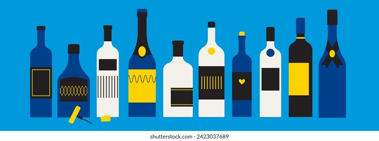 Un conjunto de botellas vectoriales abstractas de vino. Cóctel, bebida alcohólica. Etiquetas sin títulos. Ilustración para el bar, cafetería, diseño de menú de restaurante. Cata de vinos. Elementos vectoriales modernos en azul