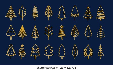 Set of vector abstract Christmas trees. Gold vintage hand-drawn collection