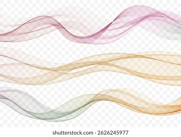 Set of vector abstract color waves, smoky, transparent, smooth design element. Flow curve wave background.