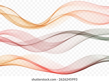 Set of vector abstract color waves, smoky, transparent, smooth design element. Flow curve wave background.