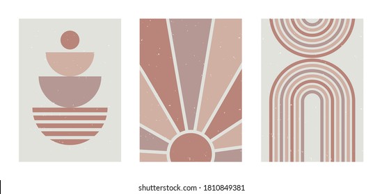 	
Set of vector abstract contemporary backgrounds, geometric shapes, rainbow, sun, organic shapes. Aesthetic boho wall decor concept. Mid century modern minimalist art print, wallpaper, templates.  - Shutterstock ID 1810849381