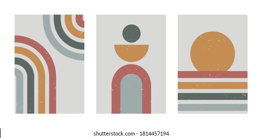 Set of vector abstract contemporary backgrounds, geometric shapes, curves. Aesthetic boho wall decoration concept. Mid century modern minimalist art print, wallpaper, templates. 