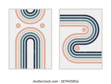 Set of vector abstract contemporary posters, geometric shapes, lines. Aesthetic boho wall decoration concept. Mid century modern minimalist art print collection. Design for cover, wallpaper, template