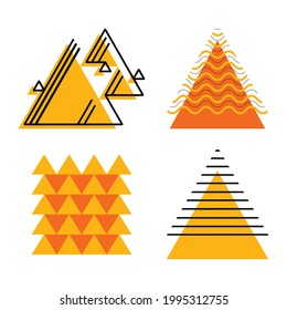 Set of vector abstract contrasting geometric shapes. Decorated triangles with parallel lines and zigzags. Modern decorative elements with strokes.