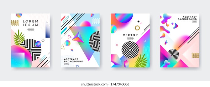 Conjunto de diseño de portada abstracta vectorial con gradiente multicolor, formas geométricas, lineales, rígidas y fluidas.