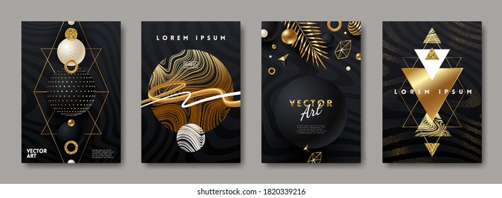 Set of vector abstract cover design with black and gold shapes. Abstract background for poster, greeting card, flyer, invitation, page.