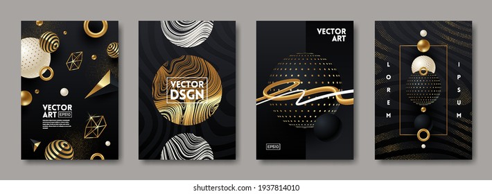 Set of vector abstract cover design with black and gold shapes. Abstract background for poster, greeting card, flyer, invitation, page.