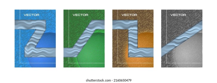Satz abstrakter Vektorabdeckungen oder -aufnahmen. Lineare, volumetrische Figuren auf dem Hintergrund farbiger Tarnung. 3D-Texturleuchter