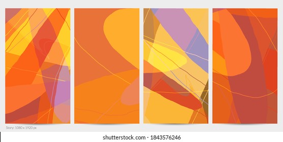 Set of vector abstract creative backgrounds in minimal trendy style. Modern templates for social media post stories. Fun doodle pattern.  Art landscape with abstract geometric shapes and colors.