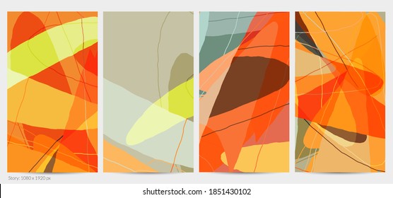 Set of vector abstract creative backgrounds in minimal trendy style. Modern templates for social media post stories. Fun doodle pattern.  Art landscape with abstract geometric shapes and colors.
