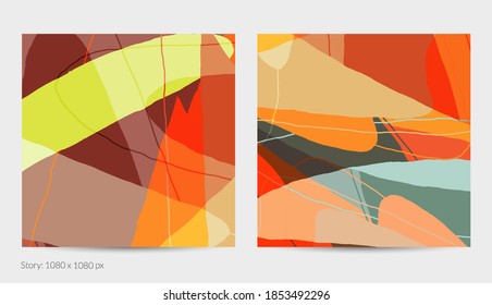 Set of vector abstract creative backgrounds in minimal trendy style. Modern templates for social media post stories. Fun doodle pattern.  Art landscape with abstract geometric shapes and colors.