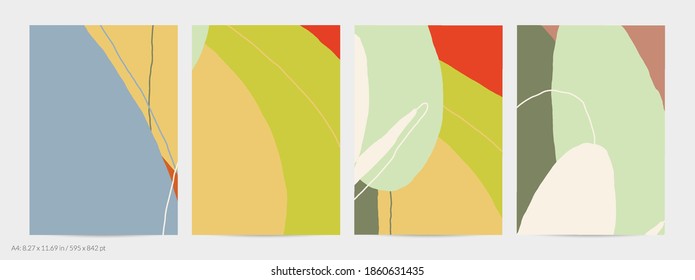 Set of vector abstract creative backgrounds in minimal trendy style. Modern templates for social media post stories. Fun doodle pattern.  Art landscape with abstract geometric shapes and colors.