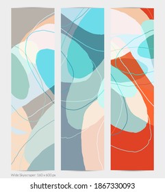 Set of vector abstract creative backgrounds in minimal trendy style. Modern templates for social media post stories. Fun doodle pattern.  Art landscape with abstract geometric shapes and colors.