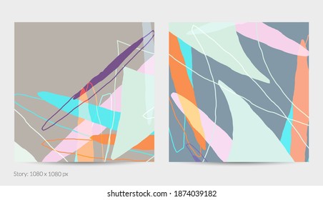 Set of vector abstract creative backgrounds in minimal trendy style. Modern templates for social media post stories. Fun doodle pattern.  Art landscape with abstract geometric shapes and colors.