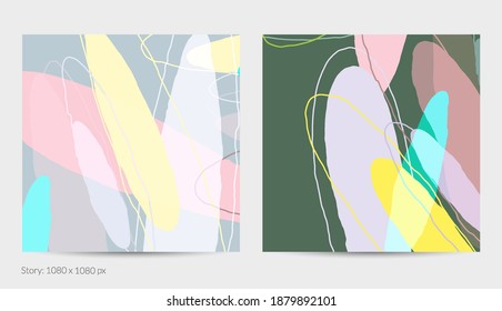 Set of vector abstract creative backgrounds in minimal trendy style. Modern templates for social media post stories. Fun doodle pattern.  Art landscape with abstract geometric shapes and colors.
