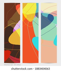 Set of vector abstract creative backgrounds in minimal trendy style. Modern templates for social media post stories. Fun doodle pattern.  Art landscape with abstract geometric shapes and colors.