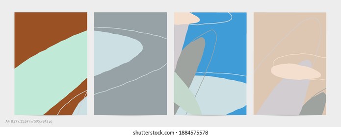 Set of vector abstract creative backgrounds in minimal trendy style. Modern templates for social media post stories. Fun doodle pattern.  Art landscape with abstract geometric shapes and colors.