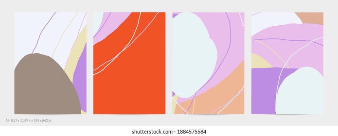 Set of vector abstract creative backgrounds in minimal trendy style. Modern templates for social media post stories. Fun doodle pattern.  Art landscape with abstract geometric shapes and colors.