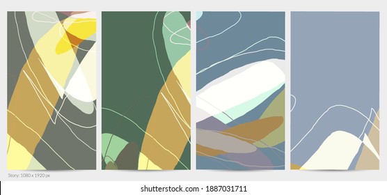 Set of vector abstract creative backgrounds in minimal trendy style. Modern templates for social media post stories. Fun doodle pattern.  Art landscape with abstract geometric shapes and colors.