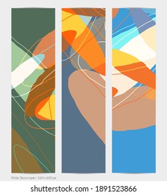 Set of vector abstract creative backgrounds in minimal trendy style. Modern templates for social media post stories. Fun doodle pattern.  Art landscape with abstract geometric shapes and colors.