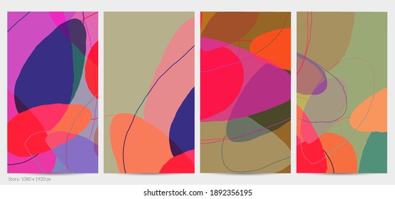 Set of vector abstract creative backgrounds in minimal trendy style. Modern templates for social media post stories. Fun doodle pattern.  Art landscape with abstract geometric shapes and colors.