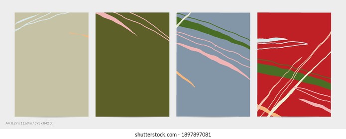 Set of vector abstract creative backgrounds in minimal trendy style. Modern templates for social media post stories. Fun doodle pattern.  Art landscape with abstract geometric shapes and colors.