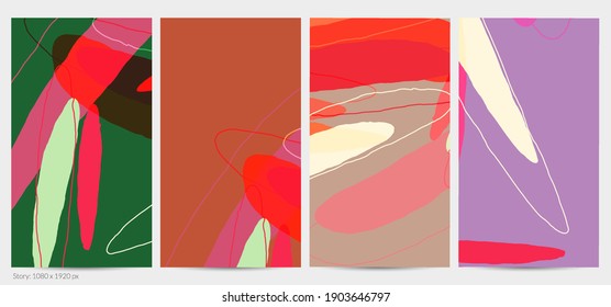 Set of vector abstract creative backgrounds in minimal trendy style. Modern templates for social media post stories. Fun doodle pattern.  Art landscape with abstract geometric shapes and colors.