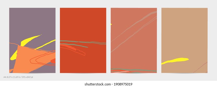 Set of vector abstract creative backgrounds in minimal trendy style. Modern templates for social media post stories. Fun doodle pattern.  Art landscape with abstract geometric shapes and colors.