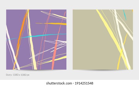 Set of vector abstract creative backgrounds in minimal trendy style. Modern templates for social media post stories. Fun doodle pattern.  Art landscape with abstract geometric shapes and colors.
