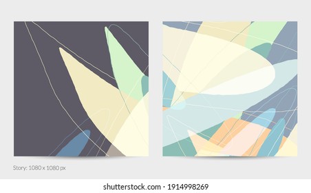Set of vector abstract creative backgrounds in minimal trendy style. Modern templates for social media post stories. Fun doodle pattern.  Art landscape with abstract geometric shapes and colors.