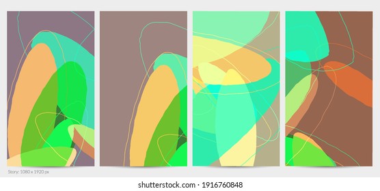 Set of vector abstract creative backgrounds in minimal trendy style. Modern templates for social media post stories. Fun doodle pattern.  Art landscape with abstract geometric shapes and colors.