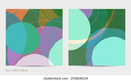 Set of vector abstract creative backgrounds in minimal trendy style. Modern templates for social media post stories. Fun doodle pattern.  Art landscape with abstract geometric shapes and colors.