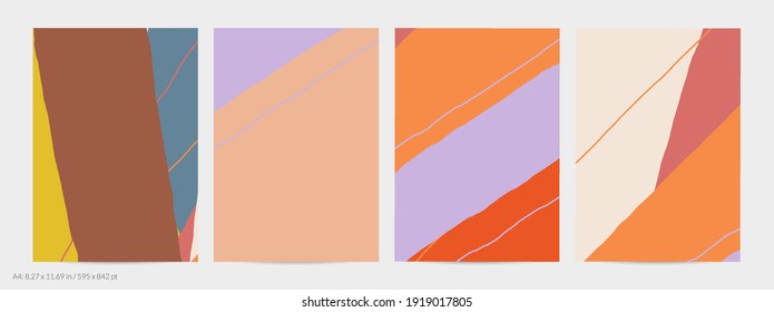 Set of vector abstract creative backgrounds in minimal trendy style. Modern templates for social media post stories. Fun doodle pattern.  Art landscape with abstract geometric shapes and colors.